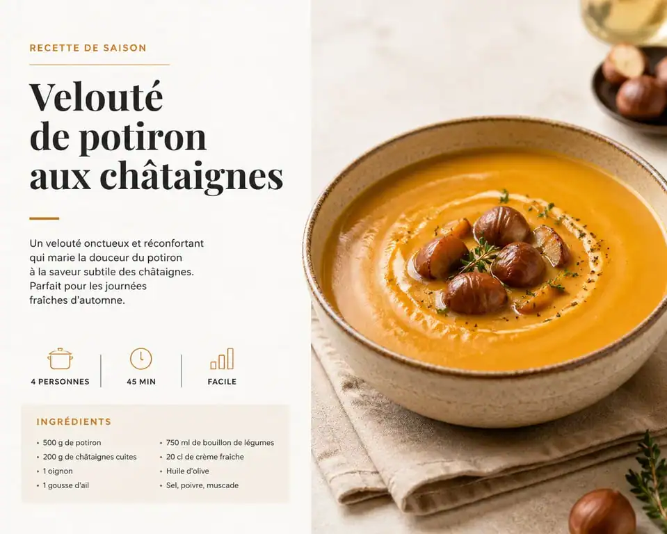Velouté de potiron aux châtaignes maison dans un bol pour illustrer la conservation des soupes