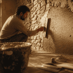Artisan pose enduit chaux liege sur mur pierre