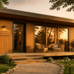 bungalow préfabriqué en bois façade vitrée sur terrain verdoyant
