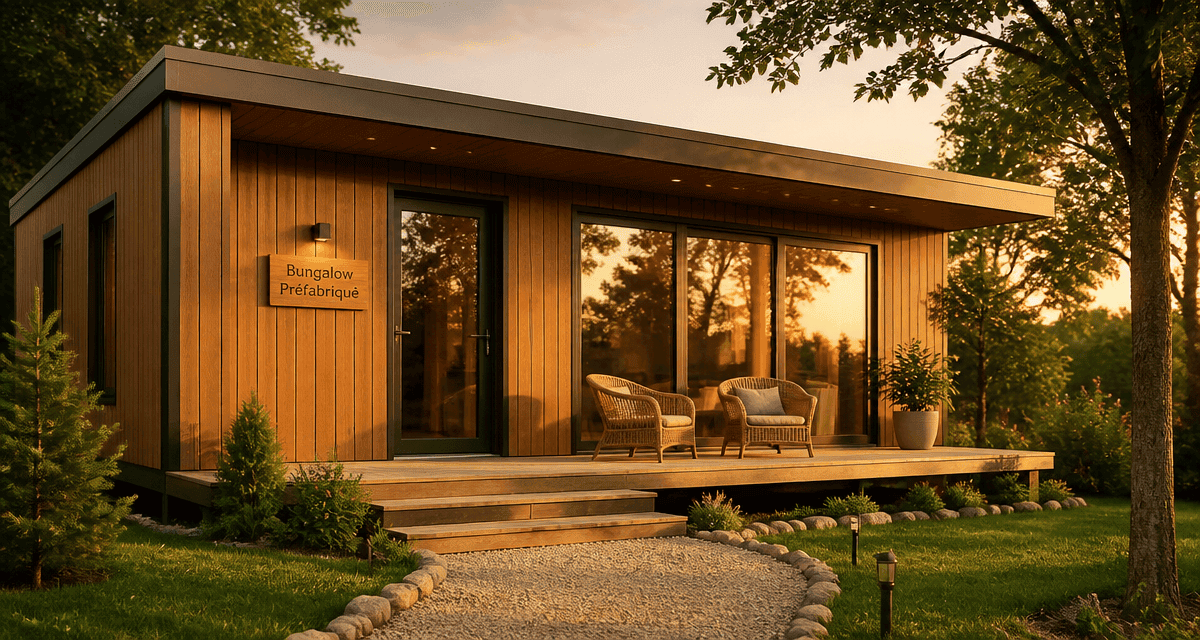 bungalow préfabriqué en bois façade vitrée sur terrain verdoyant