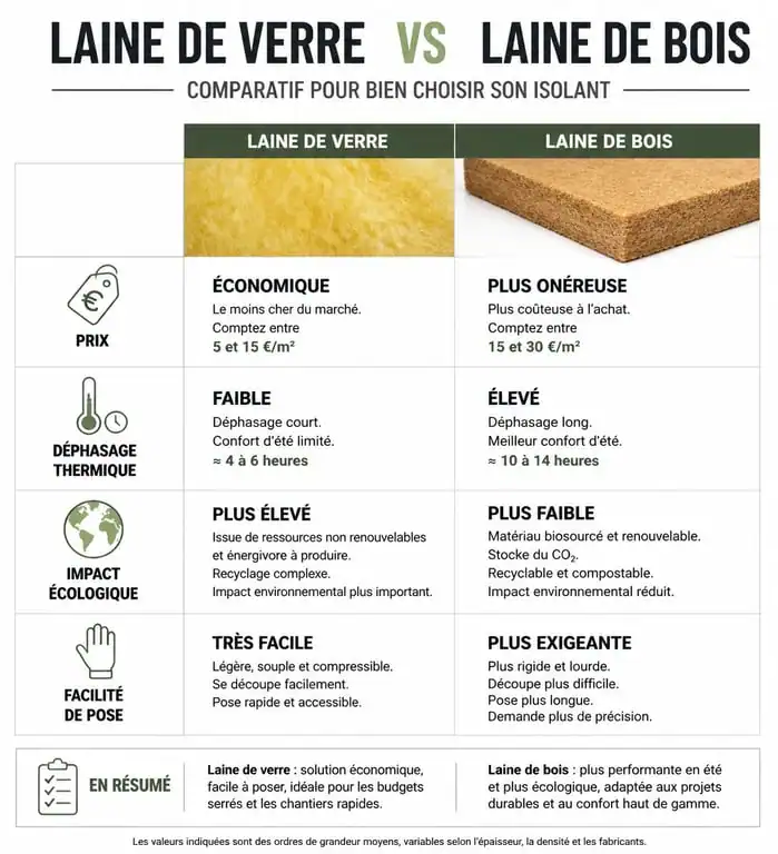 Infographie comparative laine de verre ou laine de bois pour l'isolation thermique