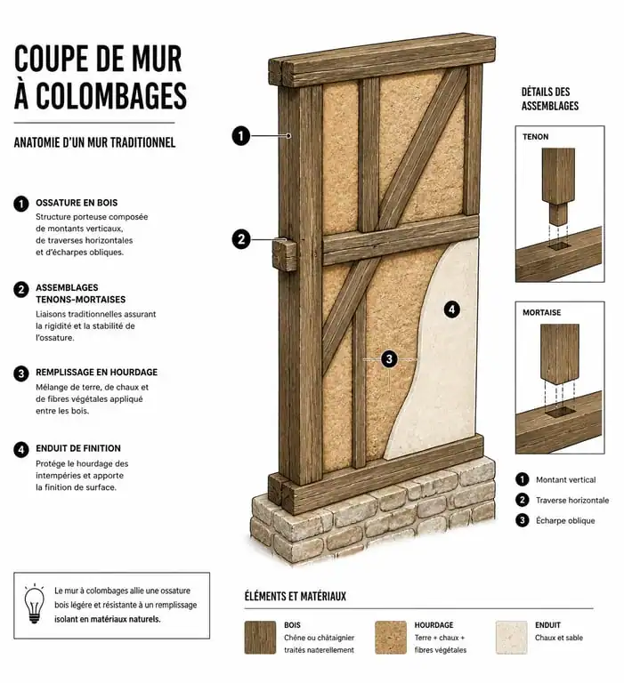 Schéma technique de l'anatomie d'une maison à colombages avec ossature bois et hourdage
