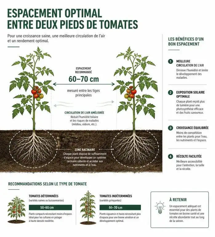 Schéma de l'espacement optimal entre les pieds de tomates pour une croissance saine