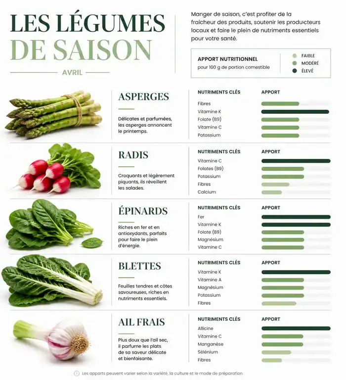 Infographie des légumes de saison du mois d'avril et leurs bienfaits nutritionnels