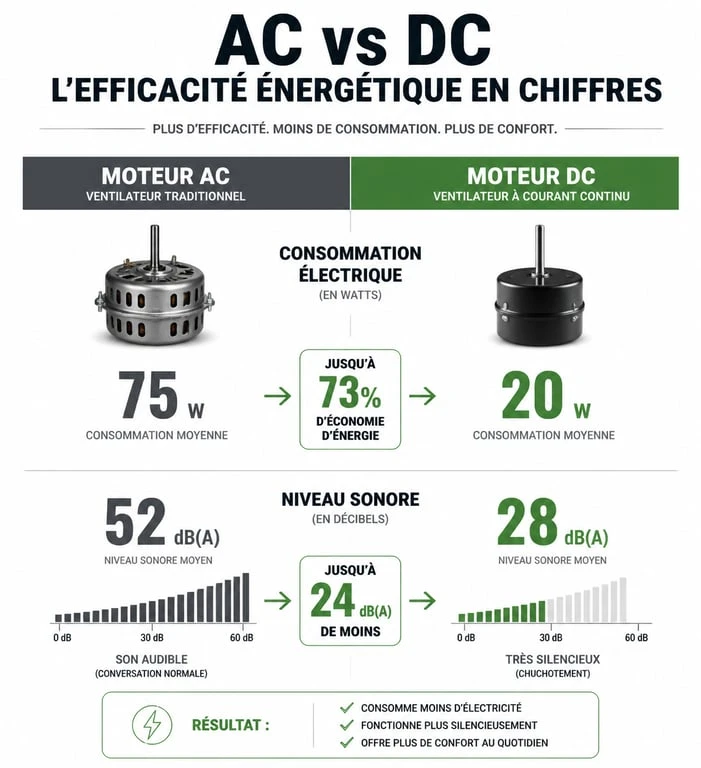 Comparatif technique entre ventilateur AC et ventilateur basse consommation DC pour illustrer les économies d'énergie
