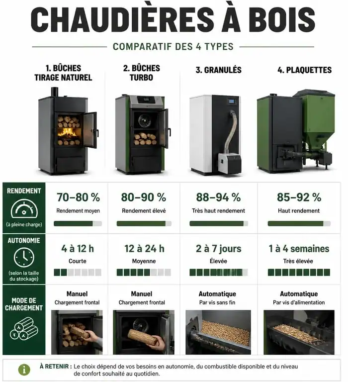 Tableau comparatif des types de chaudières bois : rendement, autonomie et chargement