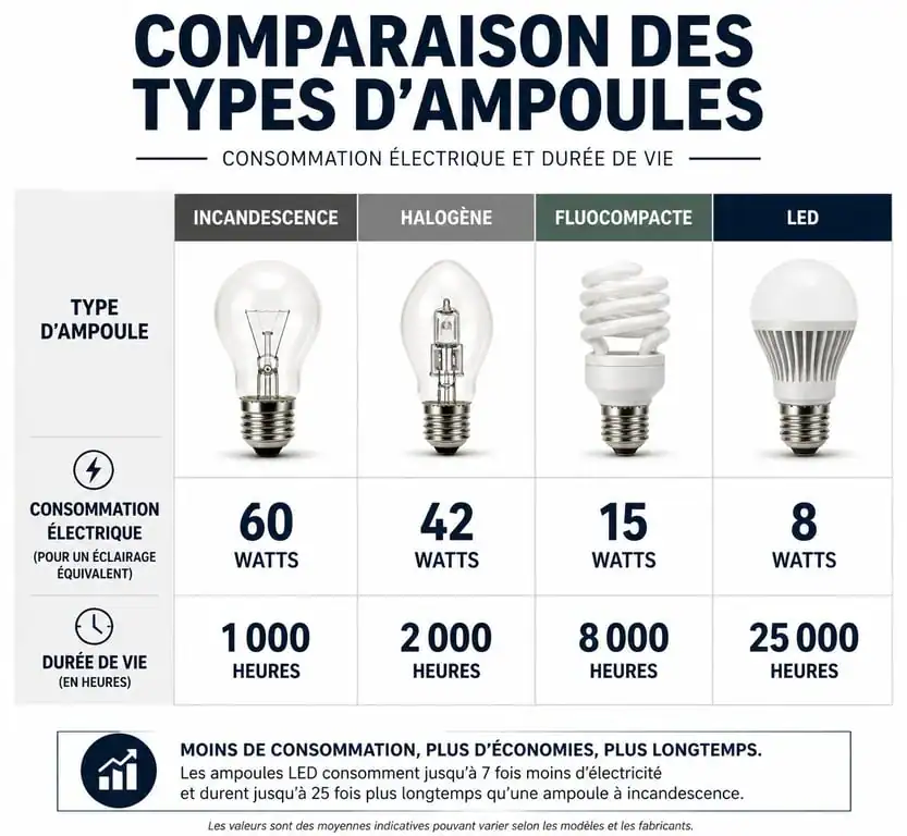 Comparatif des technologies d'ampoules économiques : LED, fluocompacte, halogène et incandescence