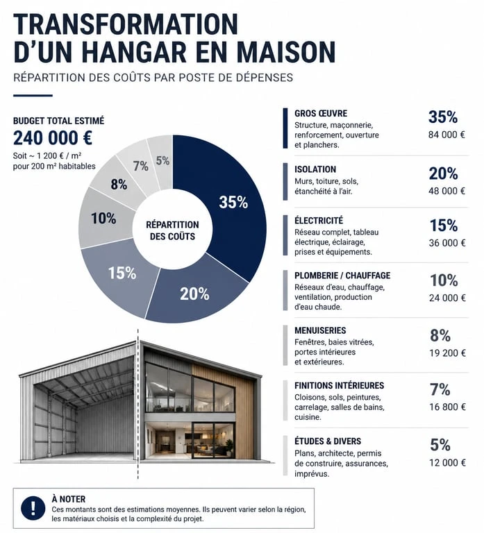 Répartition des coûts pour un projet de hangar aménagé en maison