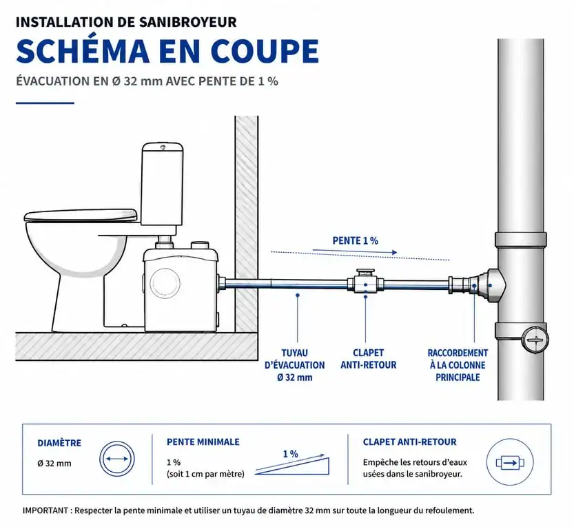 Schéma d'évacuation d'un sanibroyeur avec pente et raccordement