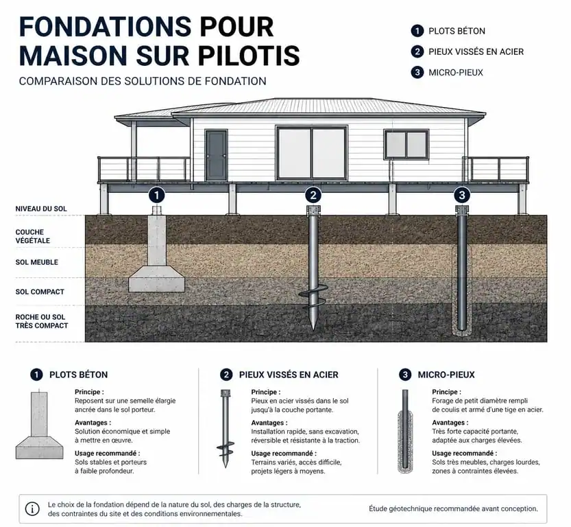 Schéma technique comparatif des fondations pour constructeur maison sur pilotis