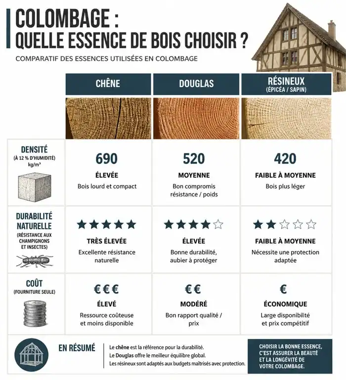 Comparatif des essences de bois pour colombage : chêne, douglas et résineux pour votre projet de construction.