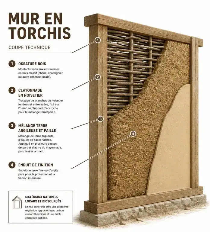Schéma technique d'un mur en torchis avec ossature bois et mélange terre-paille