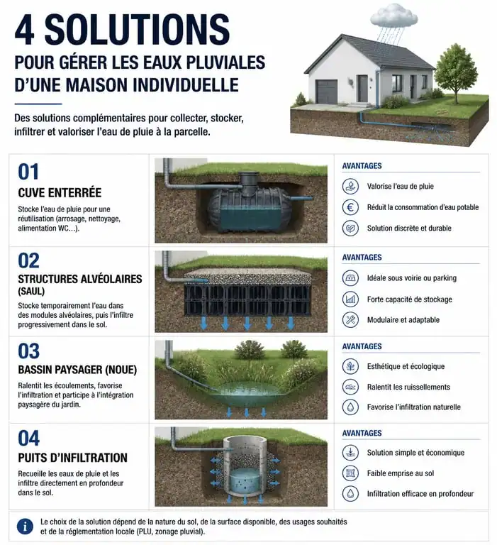 Schéma comparatif des solutions de bassin de rétention pour maison individuelle