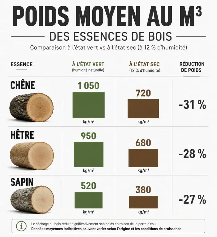 Comparatif du poids du bois au m3 selon l'essence et l'humidité