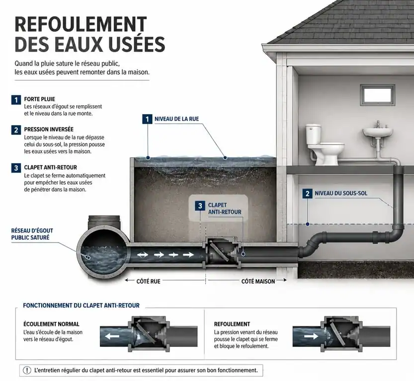 Schéma explicatif du refoulement d'eau et du fonctionnement d'un clapet anti-retour pour éviter l'eau qui remonte dans la maison