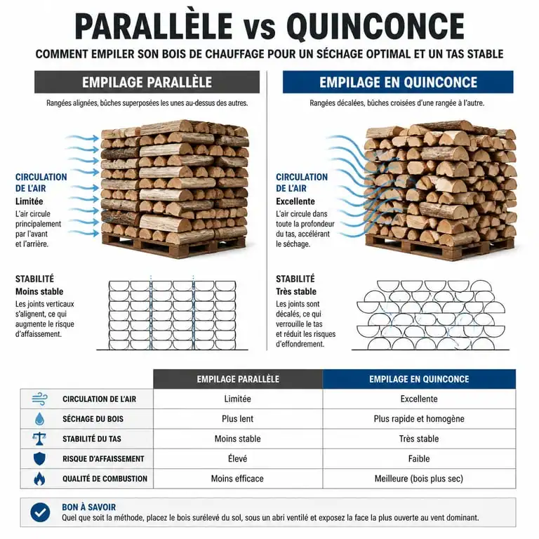 Infographie comparative des méthodes d'empilage du bois de chauffage : parallèle vs quinconce pour un séchage optimal