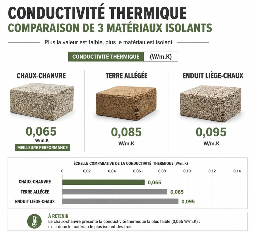 Comparatif de la conductivité thermique des enduits correcteurs thermiques : chaux-chanvre, terre allégée et liège.