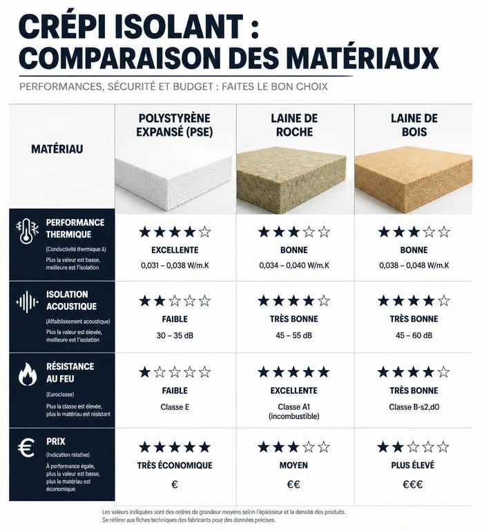 Comparatif des matériaux pour crépi isolant : PSE, laine de roche et laine de bois pour façade