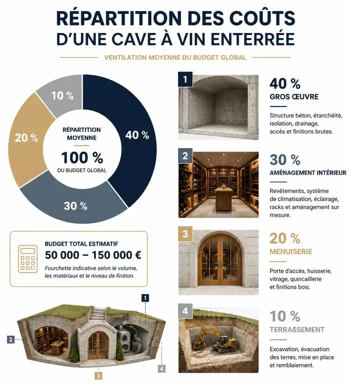Répartition des coûts d'une cave à vin enterrée : gros œuvre, aménagement, menuiserie et terrassement.