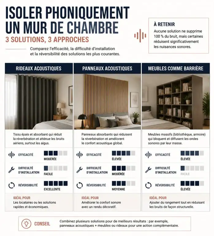 Infographie comparative des solutions d'isolation phonique pour un mur de chambre sans travaux