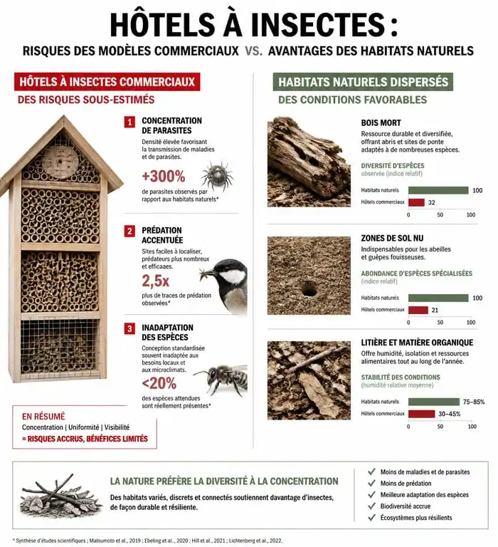 Infographie comparative : hôtel à insectes vs habitats naturels pour la biodiversité