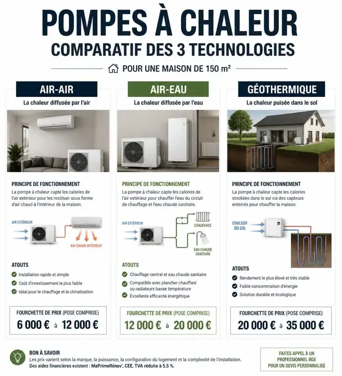 Comparatif prix pompe à chaleur maison 150m2 par technologie
