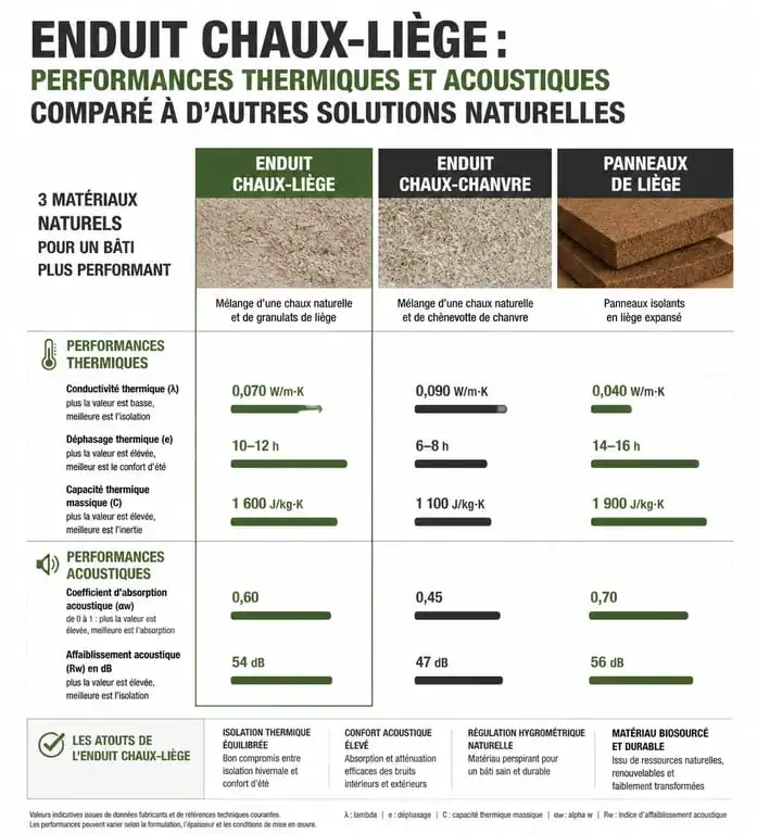 Comparatif des performances de l'enduit chaux-liège, chaux-chanvre et panneaux de liège pour l'isolation thermique