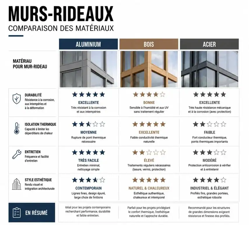 Comparatif des matériaux pour mur-rideau de maison : aluminium, bois et acier