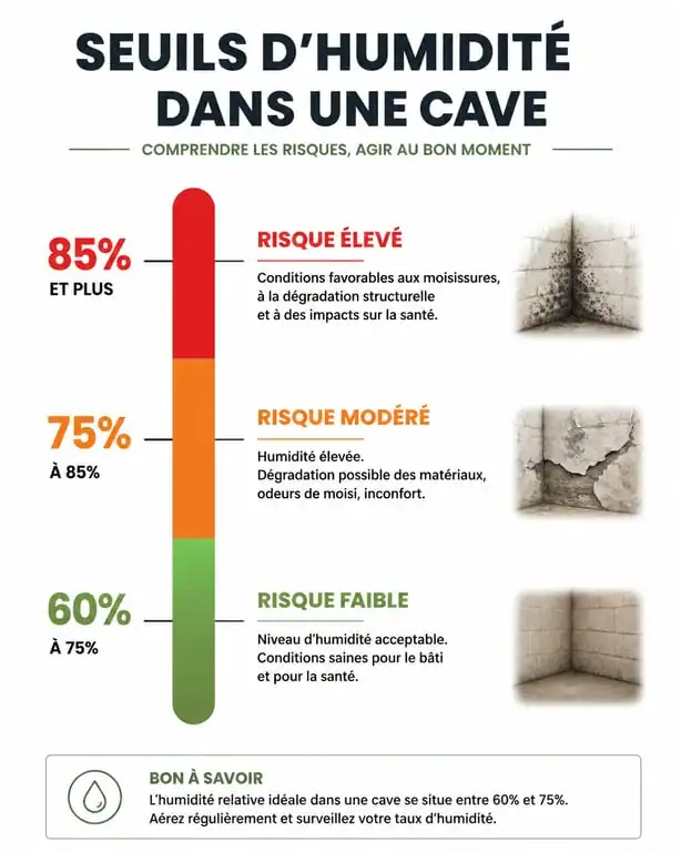 Infographie des seuils de danger de l'humidité dans une cave