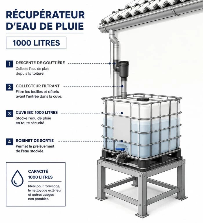 Schéma d'installation d'un récupérateur d'eau 1000l avec collecteur et cuve IBC