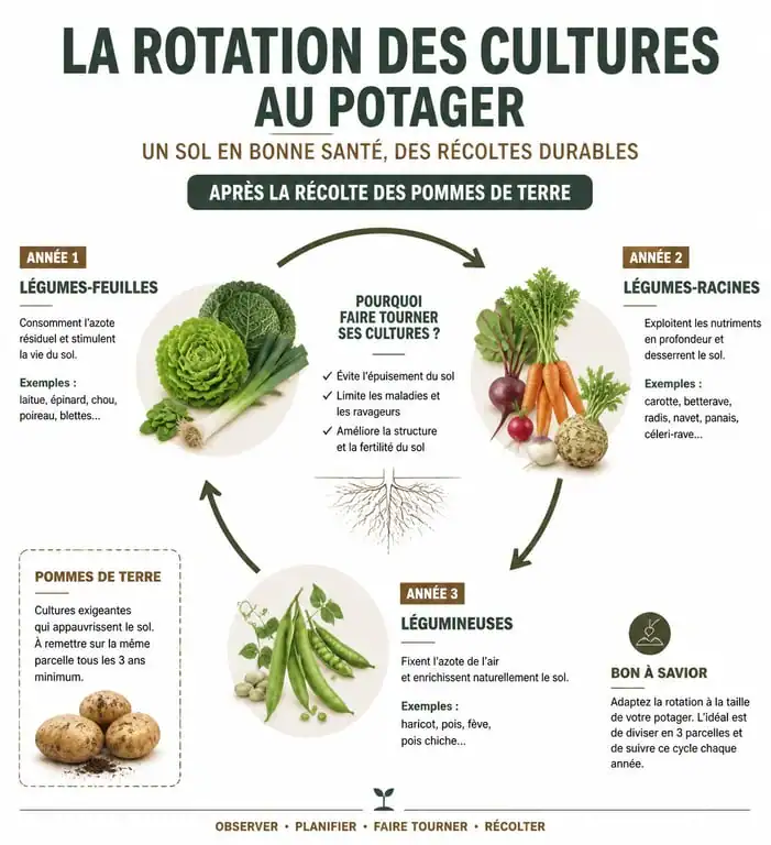 Infographie sur la rotation des cultures après pommes de terre au potager