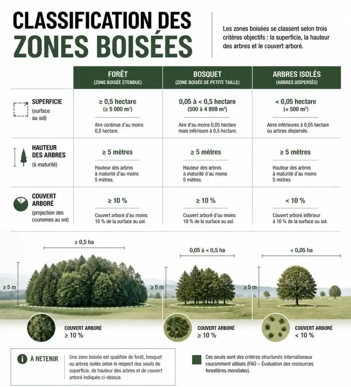 Infographie comparative des critères de classification des espaces boisés selon l'IFN