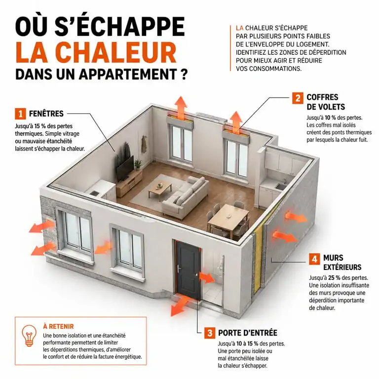 Schéma des points de déperdition thermique dans un appartement mal isolé