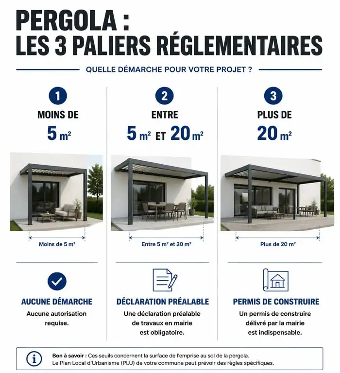 Infographie des seuils de déclaration préalable pour pergola démontable