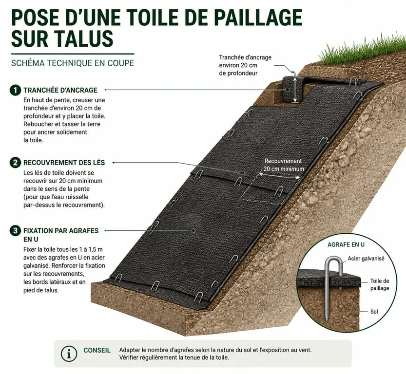 Schéma technique de pose de toile de paillage sur talus pour éviter l'érosion et les mauvaises herbes