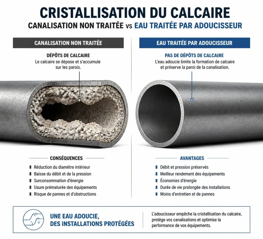 Schéma explicatif du traitement de l'eau calcaire et de la réduction du tartre dans les canalisations