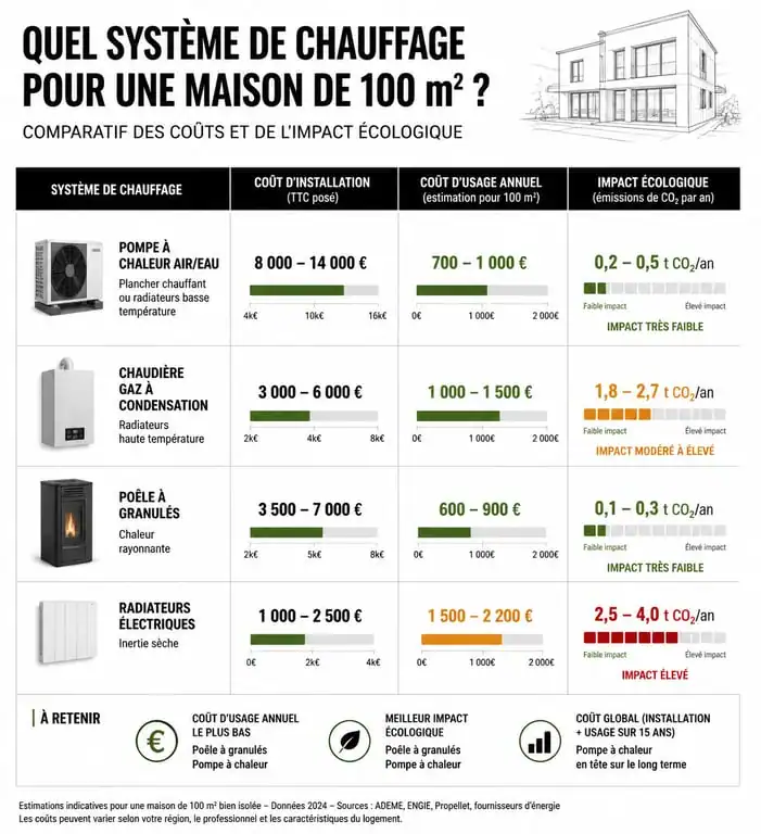 Comparatif des systèmes de chauffage pour une maison de 100m2 : pompe à chaleur, poêle à granulés, radiateurs électriques et chaudière gaz.