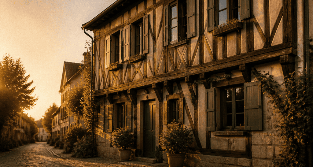 colombage maison façade typique lumière dorée