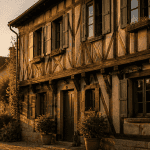colombage maison façade typique lumière dorée