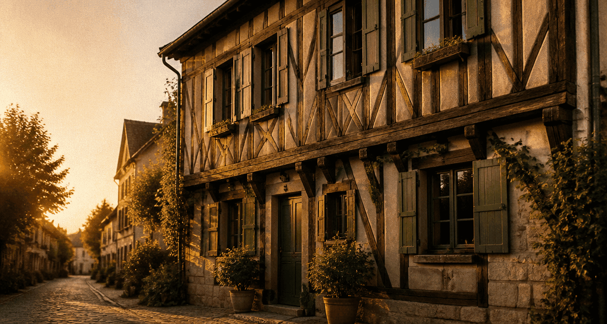 colombage maison façade typique lumière dorée