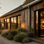 hangar aménagé en maison avec bardage bois et baies vitrées