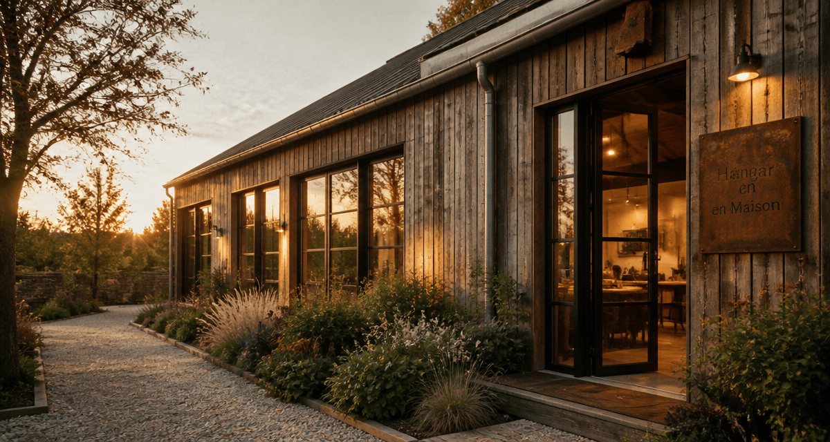 hangar aménagé en maison avec bardage bois et baies vitrées