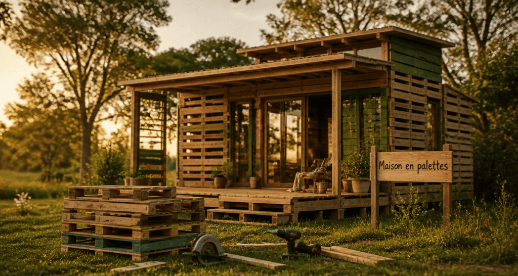maison en palettes sur terrain verdoyant