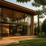 Maison mur rideau moderne terrasse bois et verdure