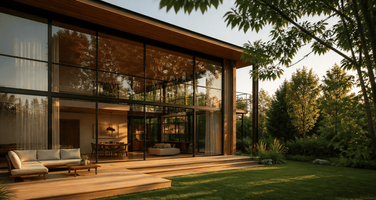 Maison mur rideau moderne terrasse bois et verdure