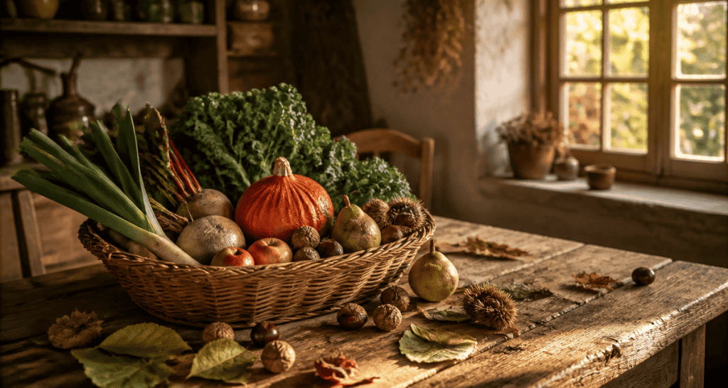 Panier fruit et legume automne, table bois, lumière dorée