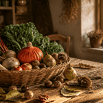 Panier fruit et legume automne, table bois, lumière dorée