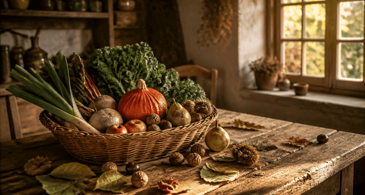 Panier fruit et legume automne, table bois, lumière dorée