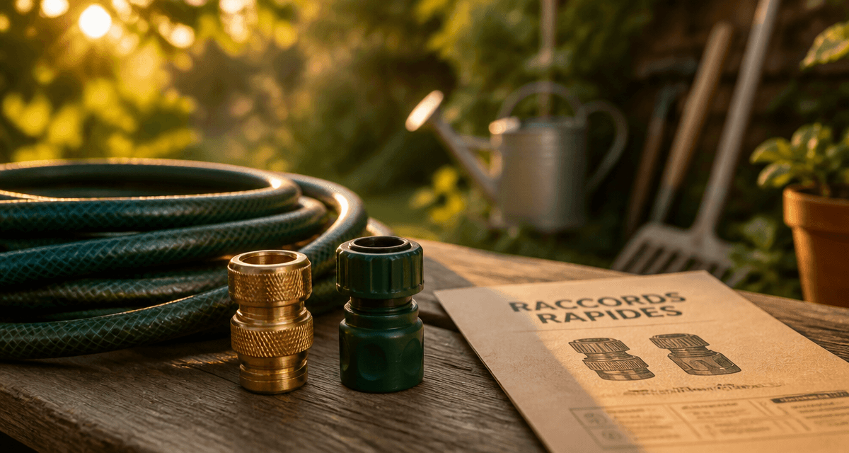 raccord rapide eau laiton et polymère sur table bois