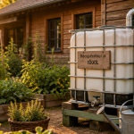récupérateur d'eau 1000l sur palette au potager